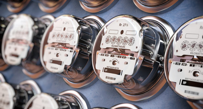 Electric meters in a row measuring power use. Electricity consumption concept. 3d illustration